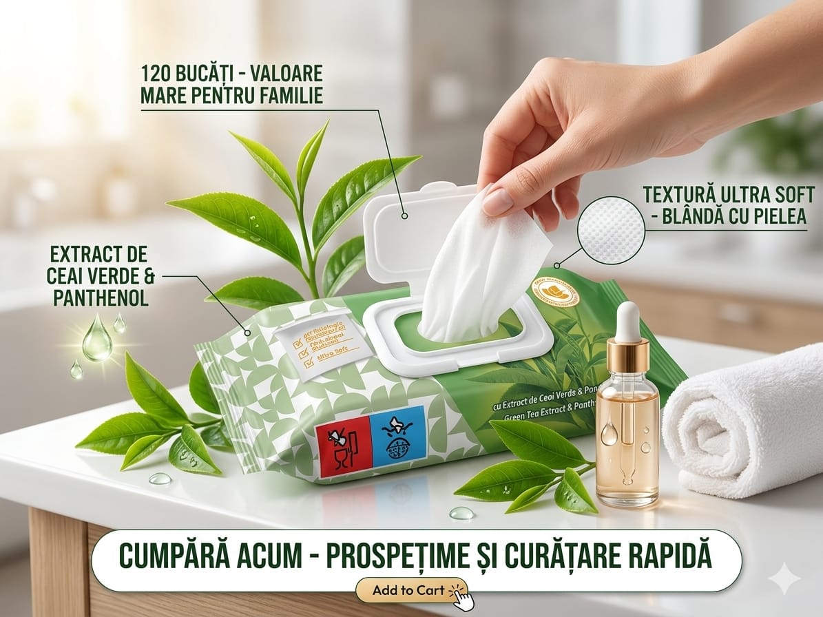Cleany Servetele Umede Ceai Verde & Panthenol - 120 Bucati