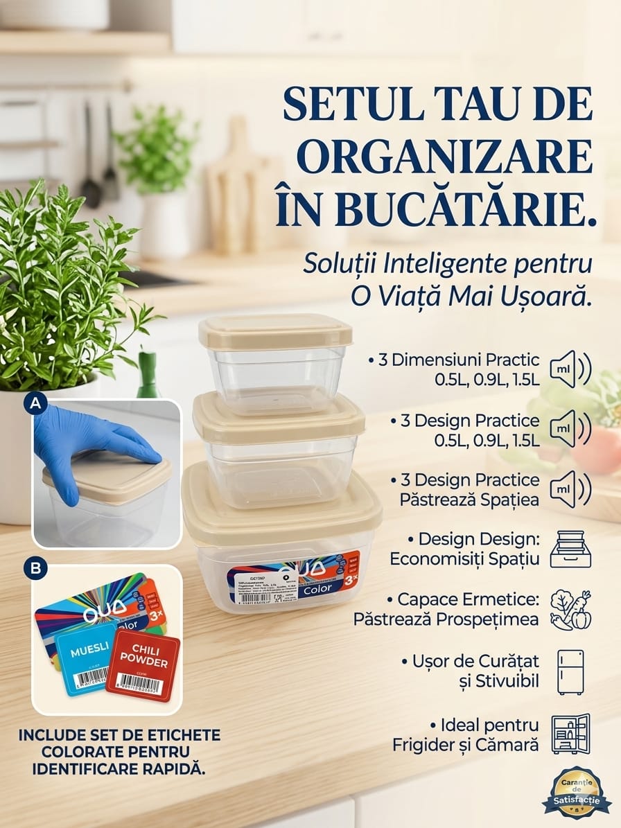 Ova Color Set Caserole Alimentare - 3 Bucati (0.5L + 0.9L + 1.5L)