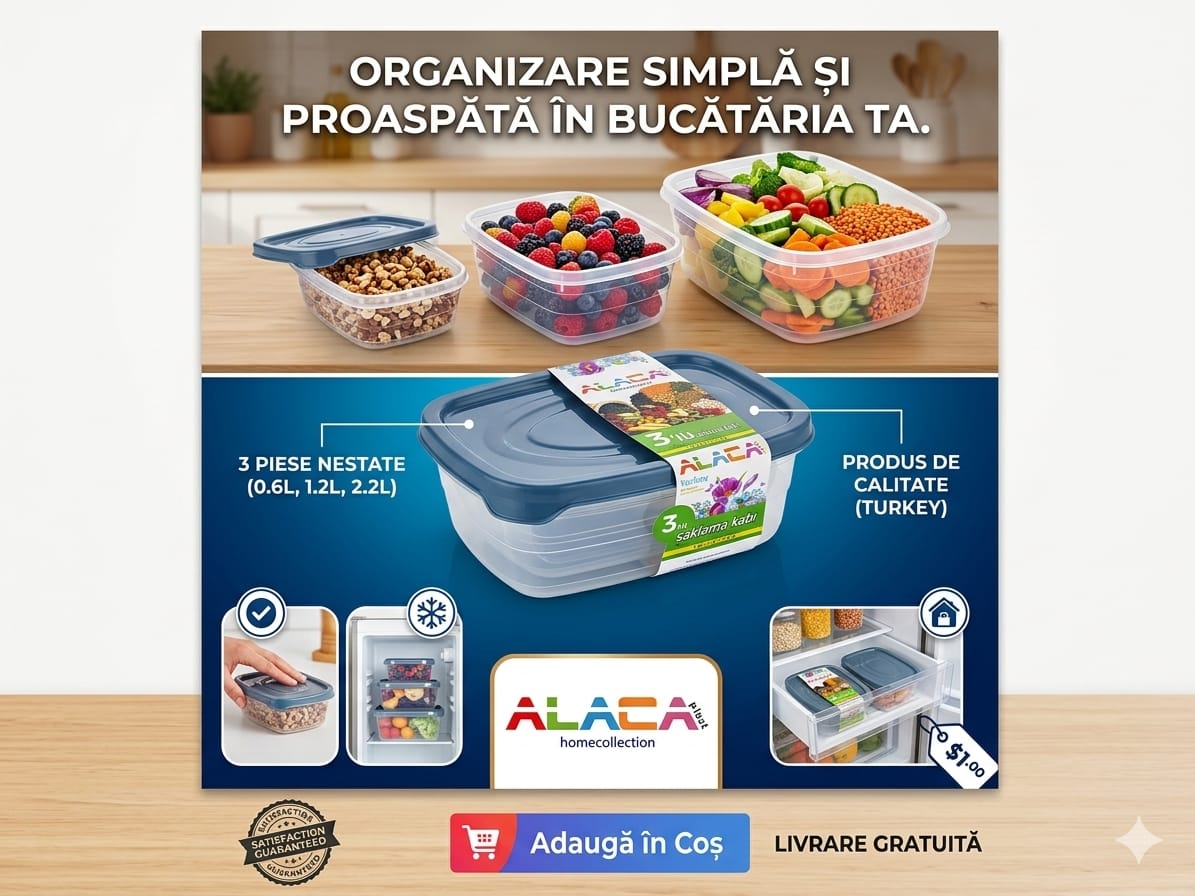Alaca Plus Set Caserole Alimentare - 3 Bucati (0.6L + 1.2L + 2.2L)